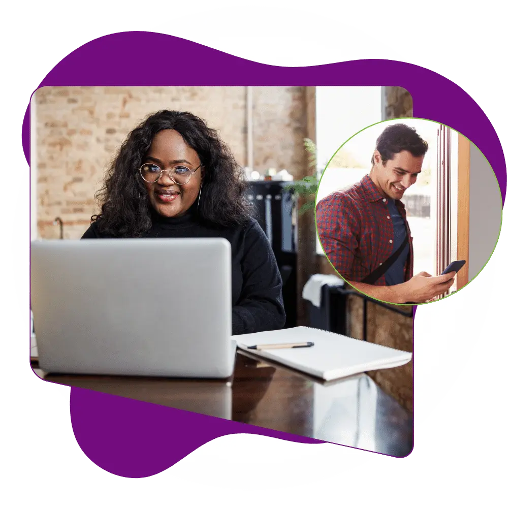 Image collage of woman smiling at camera while using laptop to make an NDIS referral and man smiling at phone while making an NDIS referral